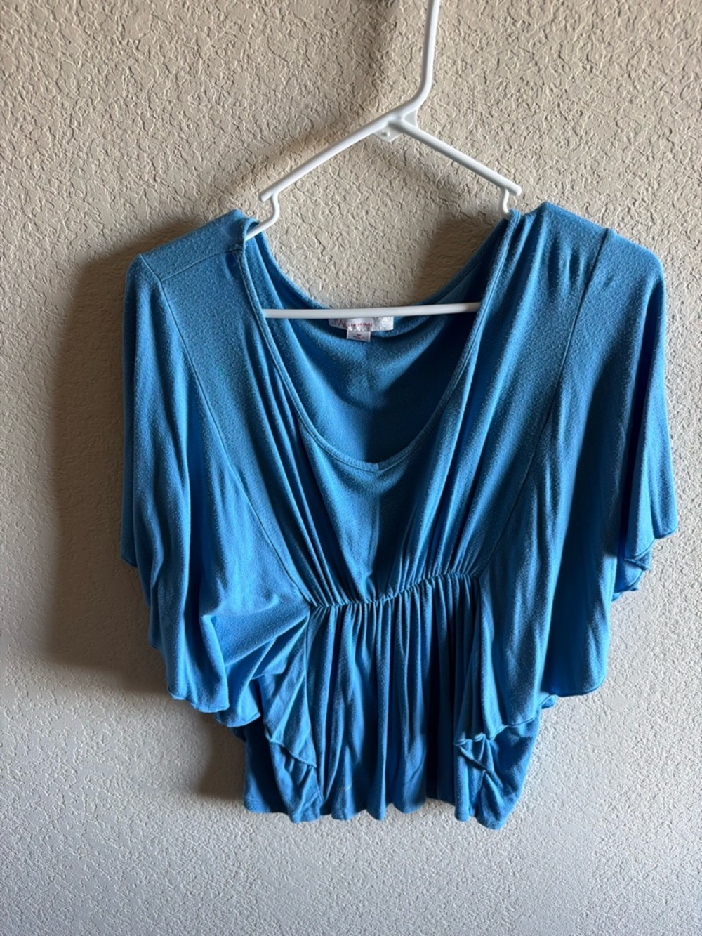 Draped Teal Blue Short-Sleeve Gathered Waist Blouse